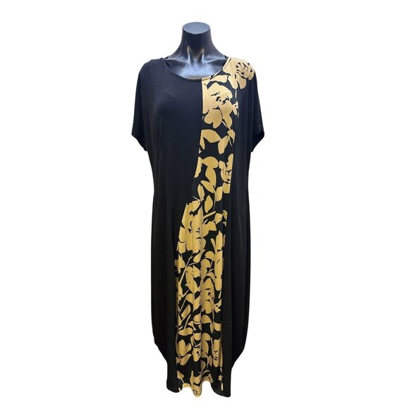 Alembika Black & Tan Floral Print Short Sleeve Maxi Dress Size 14 - Picture 1 of 9